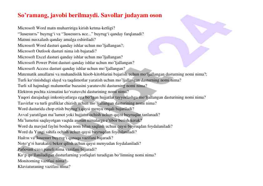 Microsoft dasturlari bo‘yicha savollar
