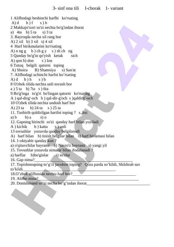 3-sinf ona tili i-chorak test varianti