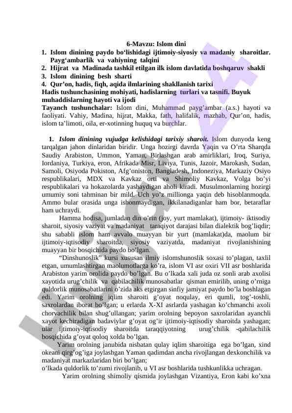Islom dini va uning tarixi ijtimoiy sharoitlar