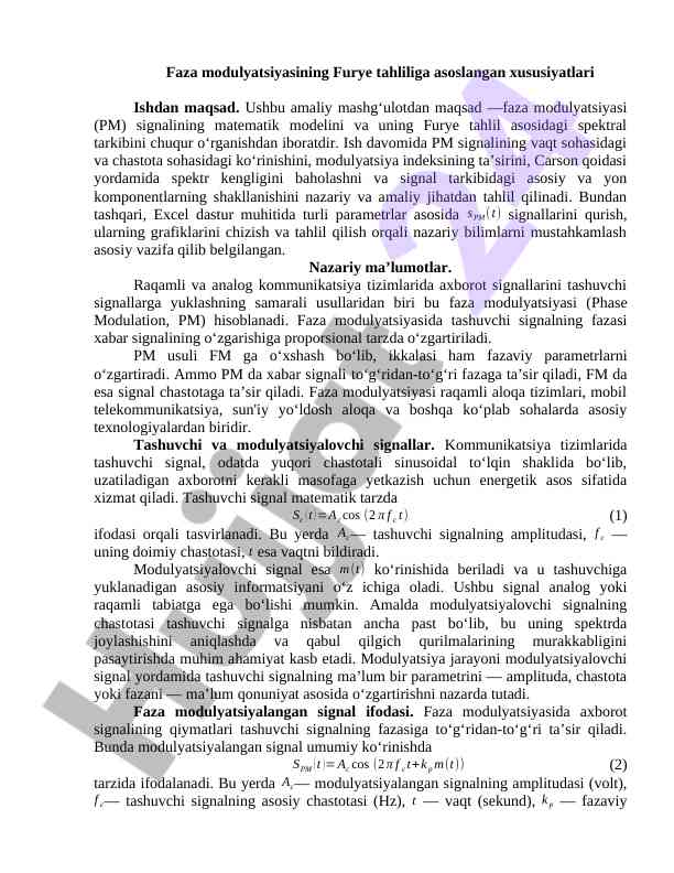 Faza modulyatsiyasining furye tahlilidagi asosiy xususiyatlar