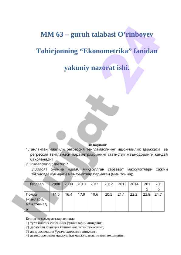 Ekonometrika fanidan yakuniy nazorat ishlari
