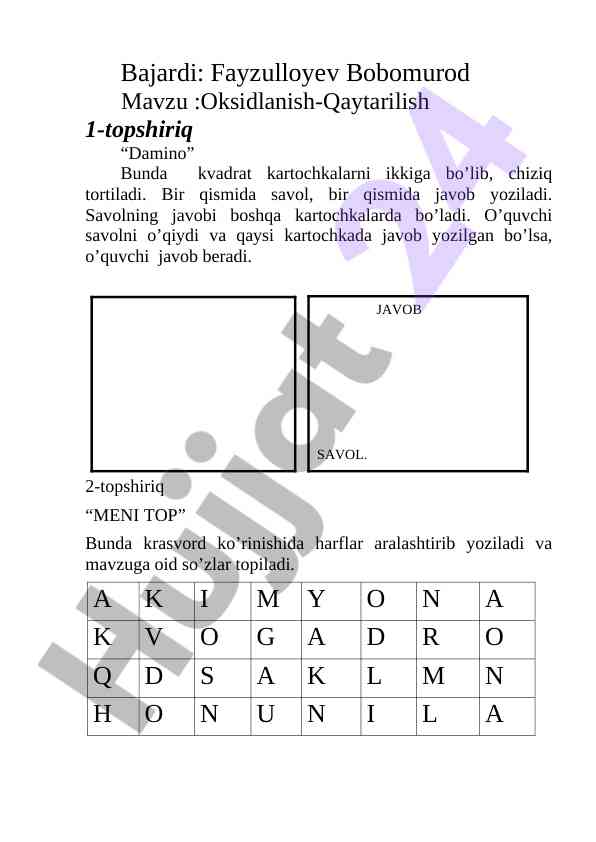 Oksidlanish qaytarilish topshiriqlari metodi