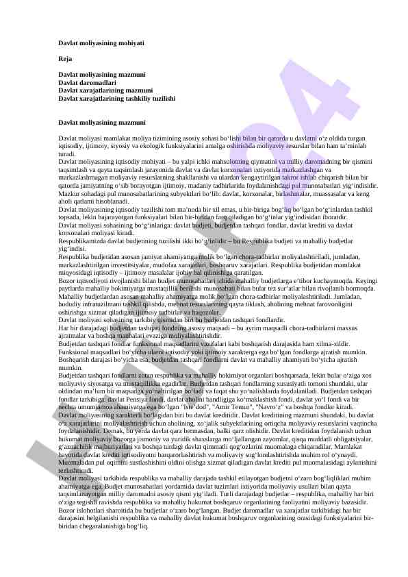 Davlat moliyasining mohiyati va tashkiliy tuzilishi