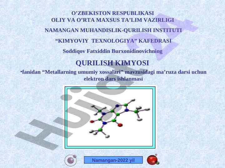 Umumiy metallarning xossalari dars ishlanmasi