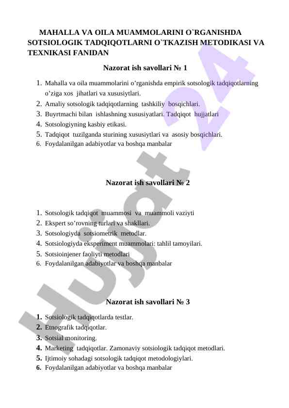 Sotsiologik tadqiqot metodlari va nazorat savollari