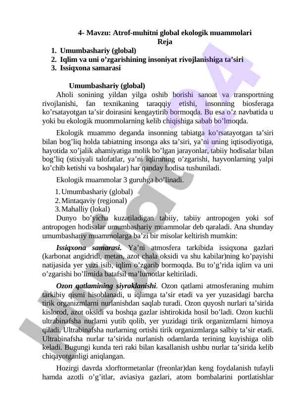 Global ekologik muammolar va iqlim o’zgarishi