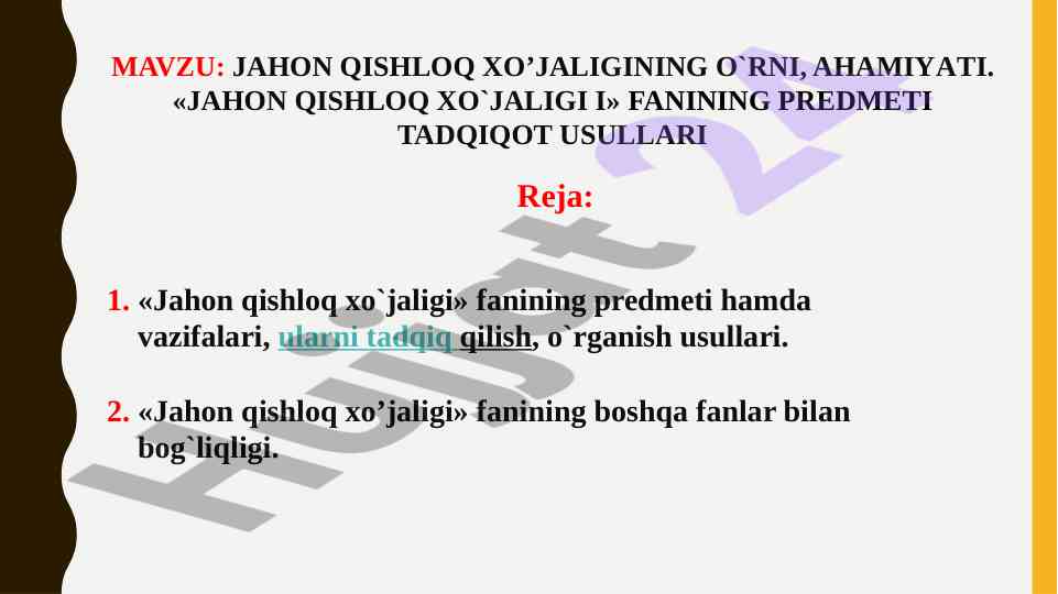 Jahon qishloq xo'jaligining o'rni va ahamiyati