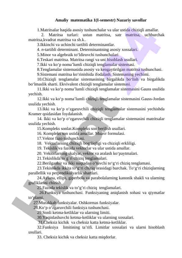 Amaliy matematika 1 nazariy savollar