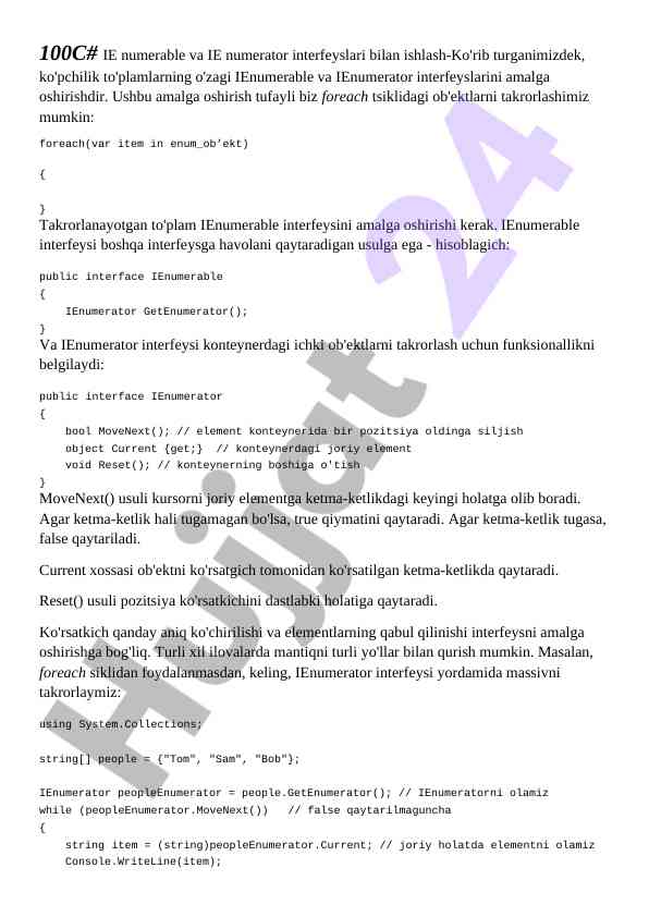 Ienumerable va ienumerator interfeyslari bilan ishlash