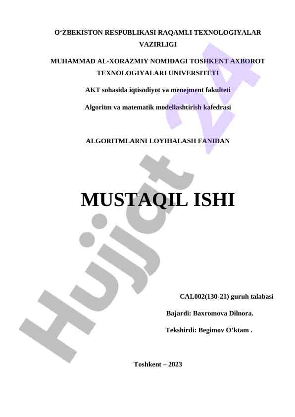 Algoritmlarni loyihalash fanidan mustaqil ish