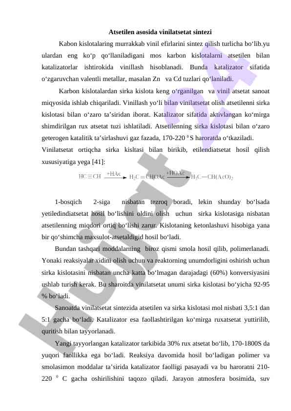 Atsetilen asosida vinilatsetat sintezi jarayonlari