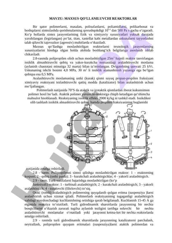 Maxsus qo‘llaniluvchi reaktorlar va ularning xususiyatlari