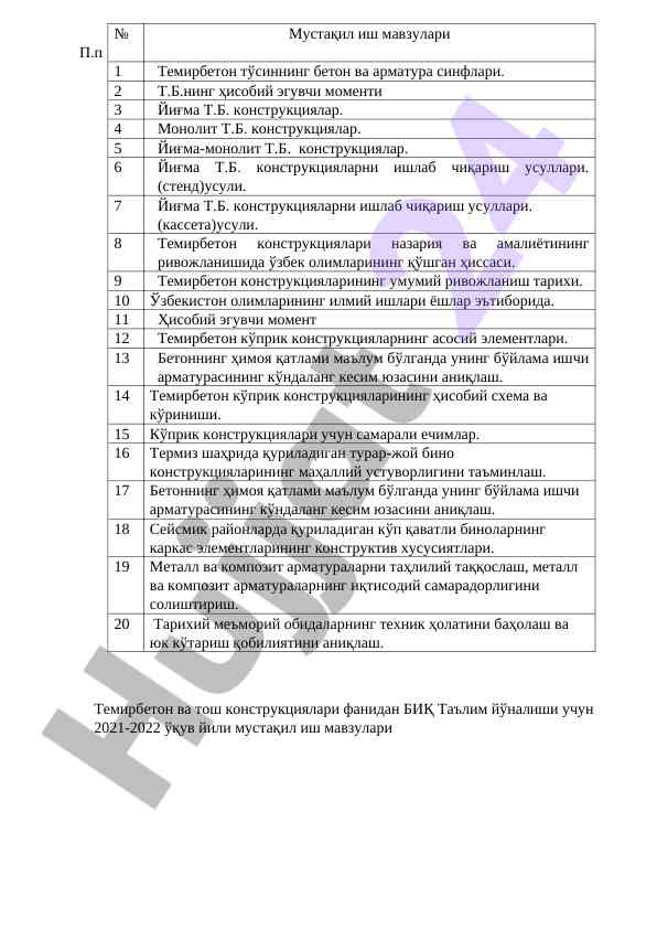 Temirbeton va tosh konstruktsiyalari mavzulari