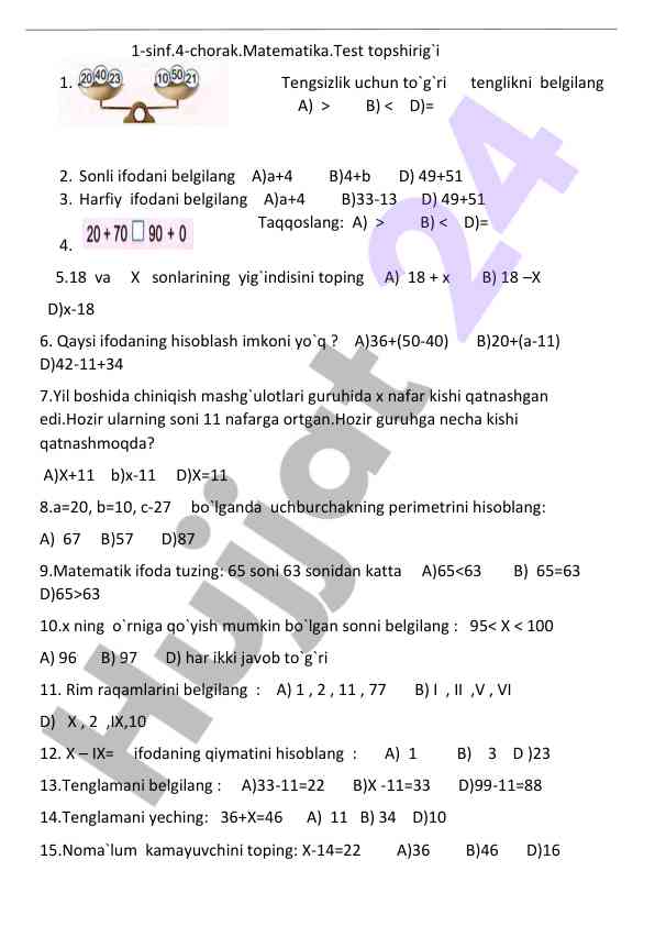 Matematik test topshirig'i 1-sinf 4-chorak