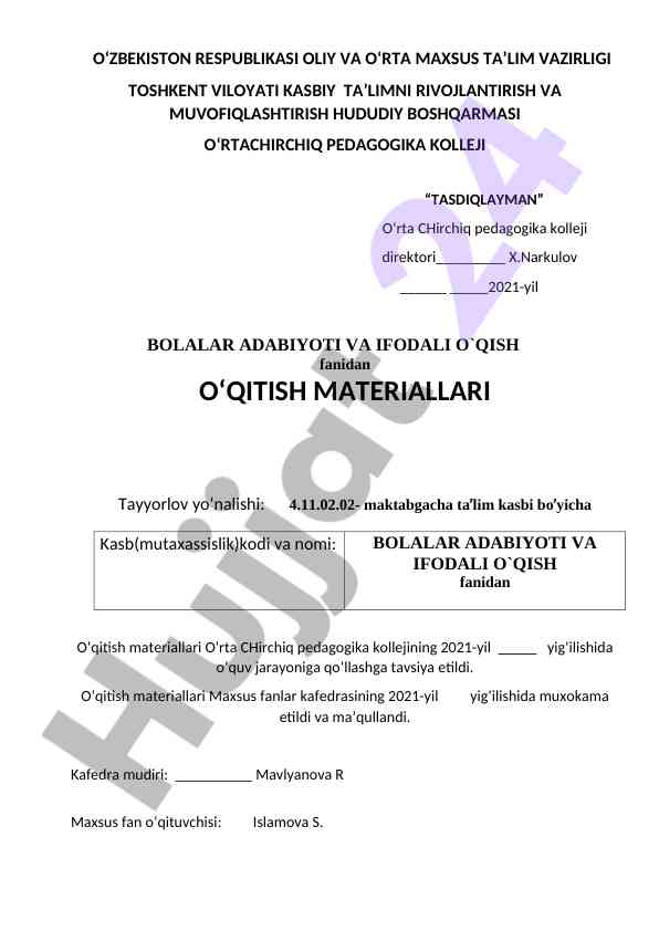 Bolalar adabiyoti va ifodali o‘qish o‘qitish materiallari