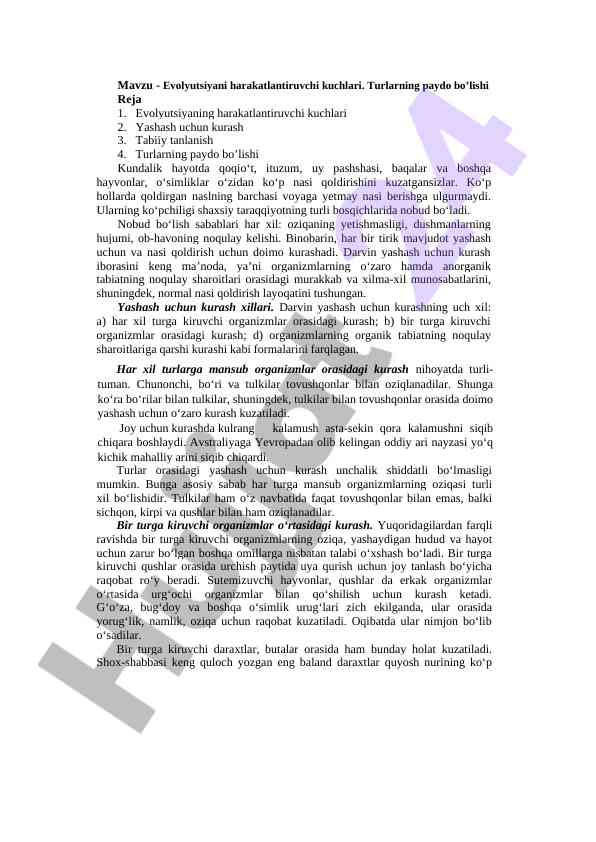Evolyutsiyani harakatlantiruvchi kuchlari tahlili