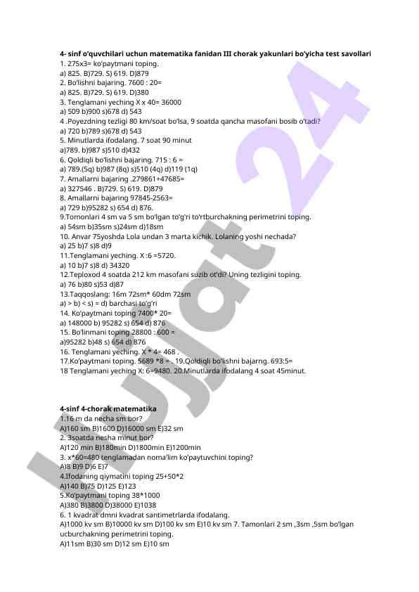 Matematika test savollari 4-sinf oquvchilari uchun
