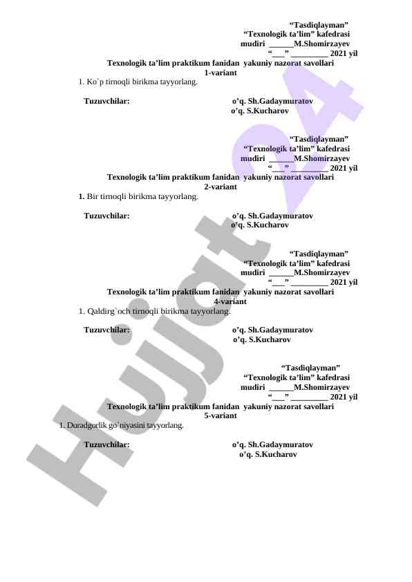 Texnologik ta'lim praktikum fanidan nazorat savollari