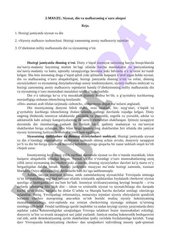 Siyosat din va mafkuraning o'zaro aloqasi tahlili