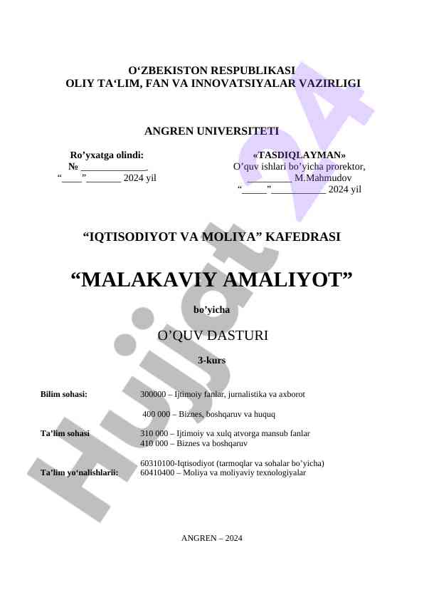 Malakaviy amaliyot o‘quv dasturi 2024