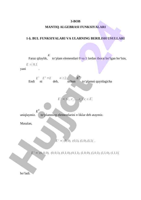 Mantiq algebra funksiyalarining berilish usullari