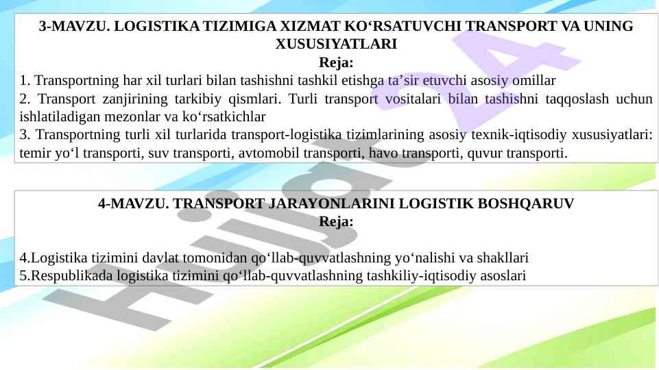 Logistika tizimida transport va xususiyatlari
