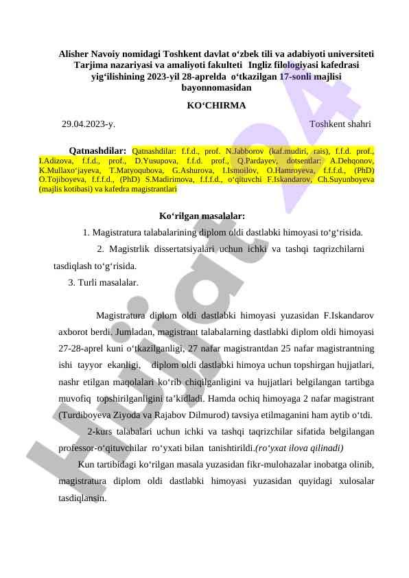 Magistratura diplom oldi dastlabki himoyasi