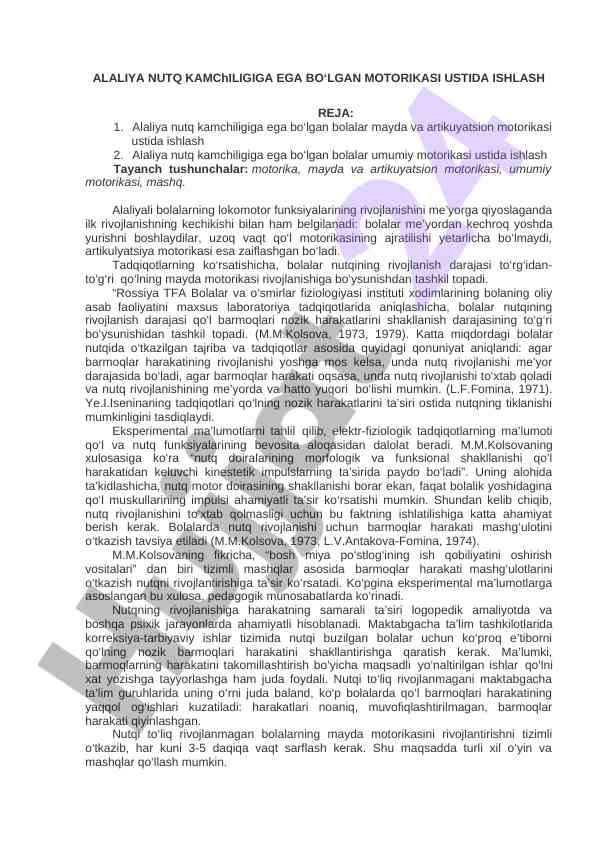 Alaliya nutq kamchiligi ustida ishlash rejasi