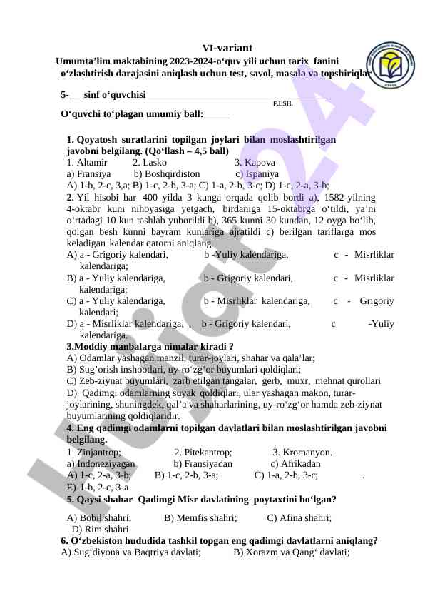 Tarix fanini o‘zlashtirish testi 2023-2024