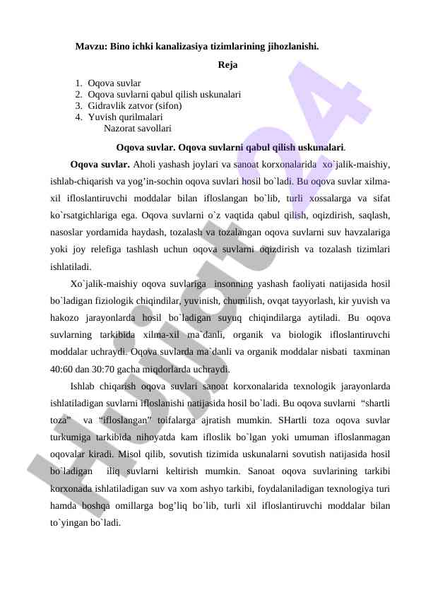 Bino ichki kanalizasiya tizimlari jihozlanishi