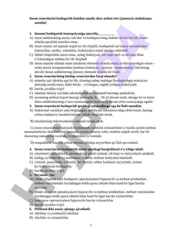 Inson resurslarini boshqarish fanidan amaliy test