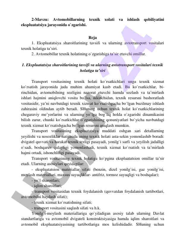 Avtomobillar texnik holati va ekspluatatsiya omillari