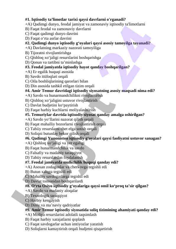 Iqtisodiy ta'limotlar tarixi testi