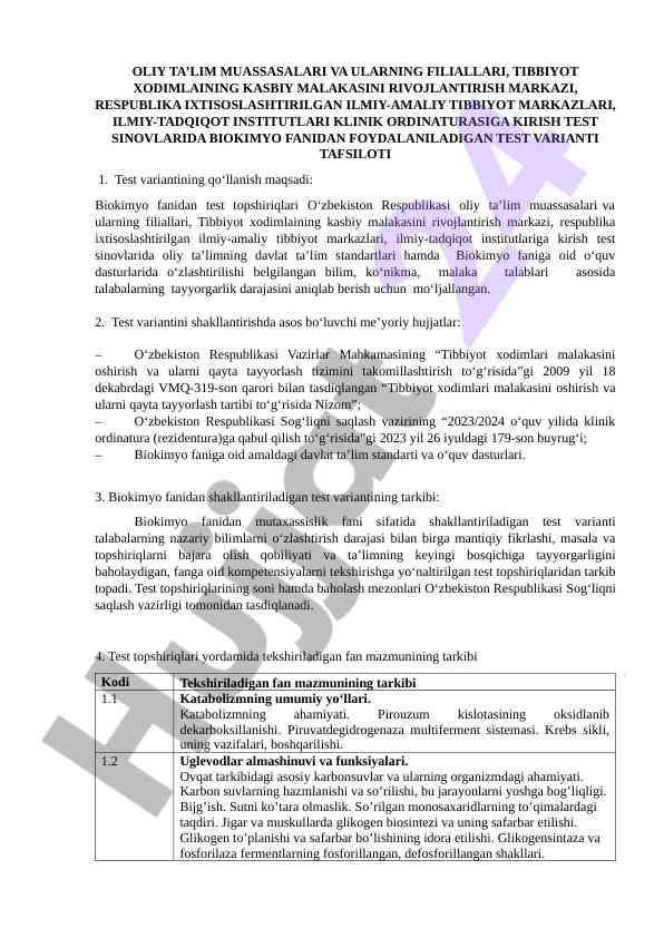 Biokimyo fanidan test sinovlari bo‘yicha tavsif