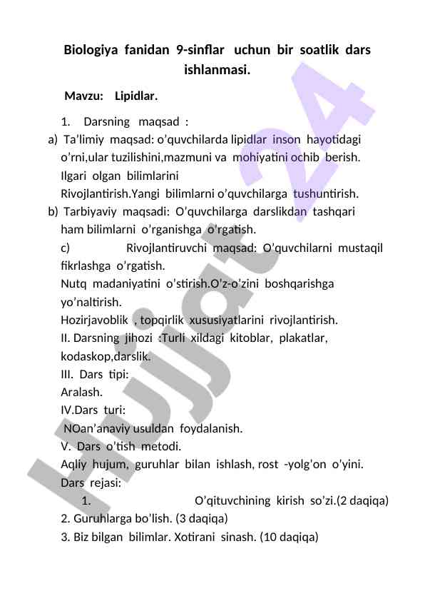 Lipidlar: biologiya dars rejasi 9-sinflar uchun