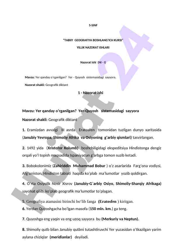 5-sinf tabii geography boshlanish kursi nazorat ishlari