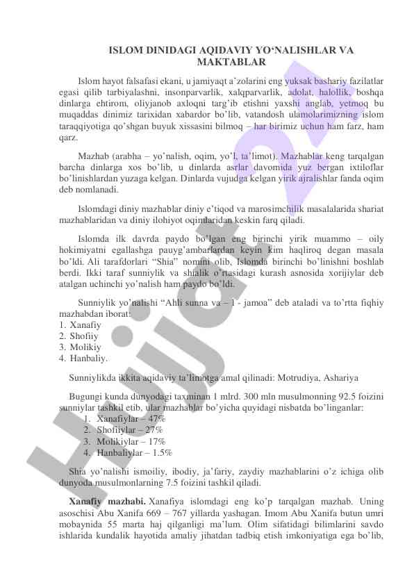 Islom dinidagi aqidaviy yo‘nalishlar va maktablar
