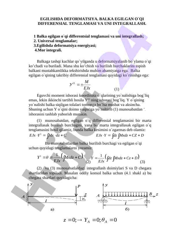 Egilishda deformatsiya va diferensial tenglamalar