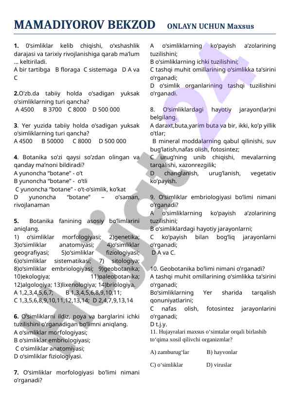 O‘simliklar fanidan test savollari