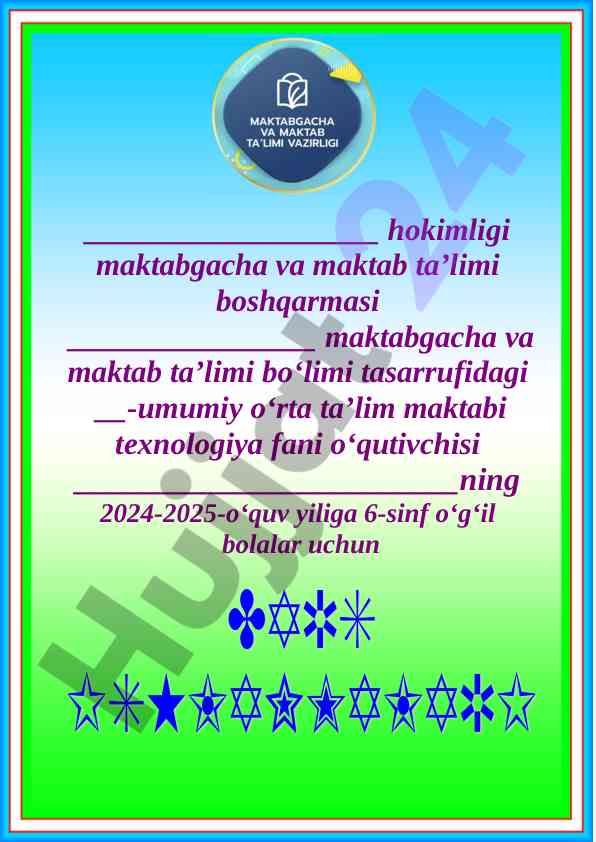 Texnologiya fanidan mavzu rejasi 2024-2025 o‘quv yili