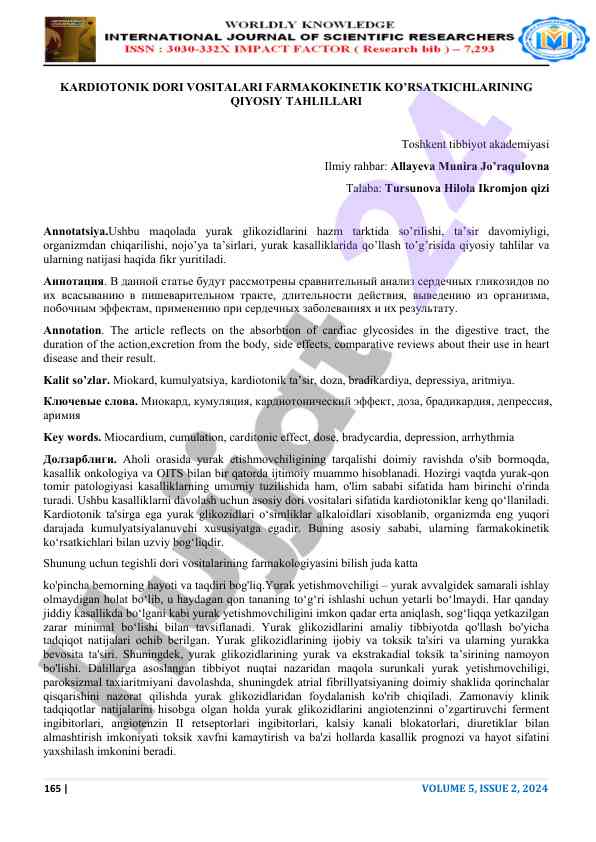 Kardiotonik dori vositalari farmakokinetik ko’rsatkichlari
