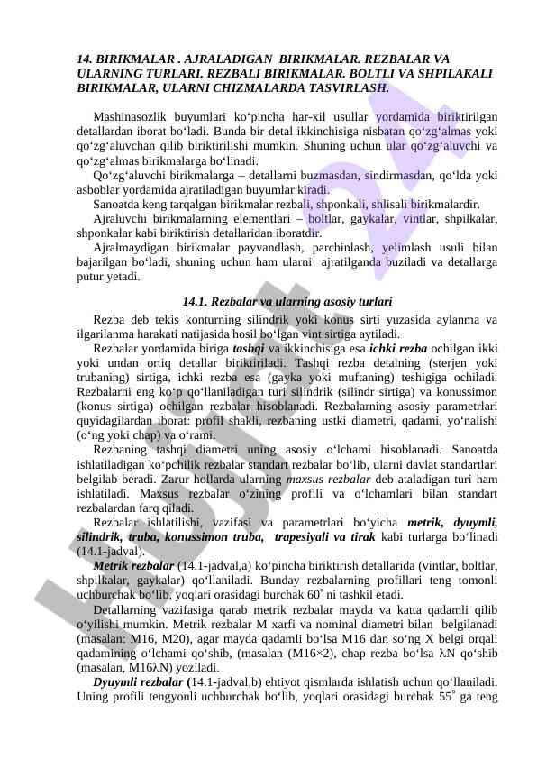 Birikmalar va rezbalar turlari haqida ma'lumotlar