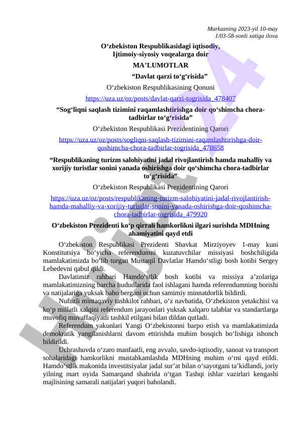 O‘zbekiston respublikasining iqtisodiy va ijtimoiy ma'lumotlari