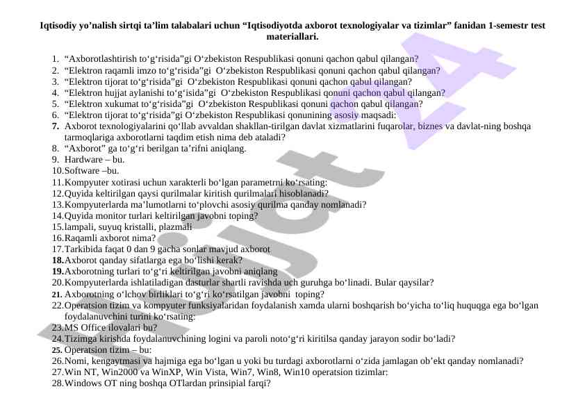 Iqtisodiyotda axborot texnologiyalari test materiallari