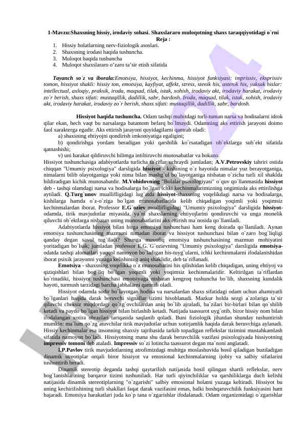 Shaxsning hissiy va irodaviy sohasi tahlili