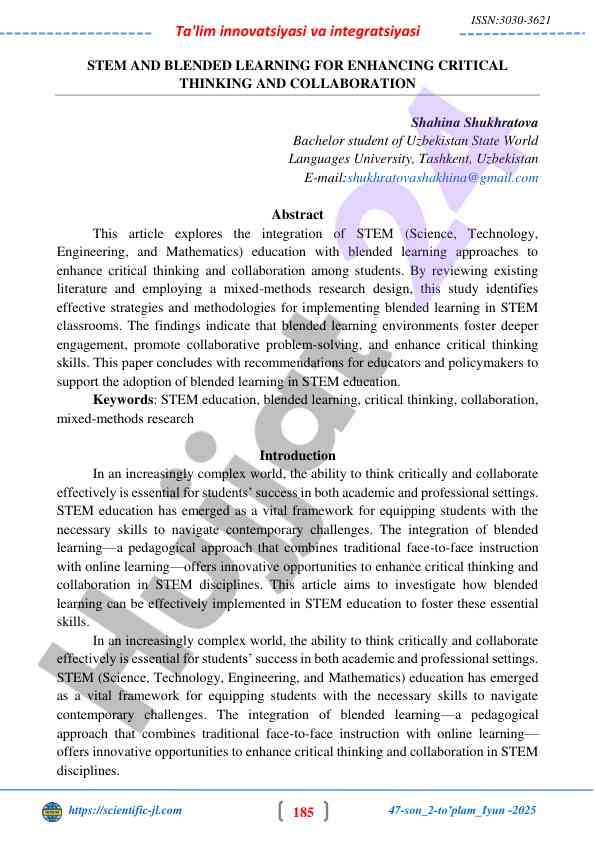Integratsiya va blended learning stem ta'limida