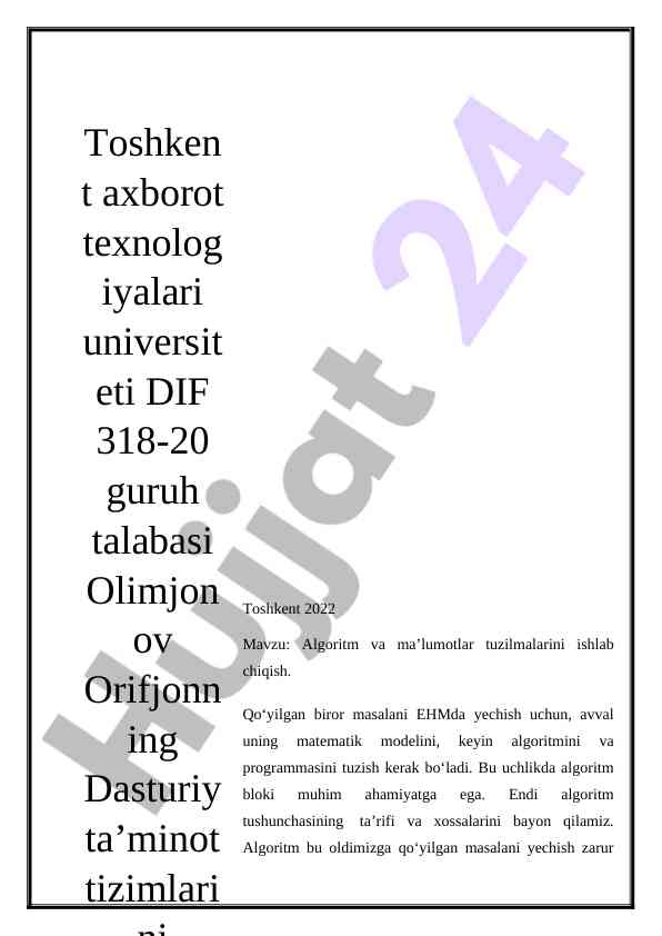Algoritm va ma’lumotlar tuzilmalarini ishlab chiqish