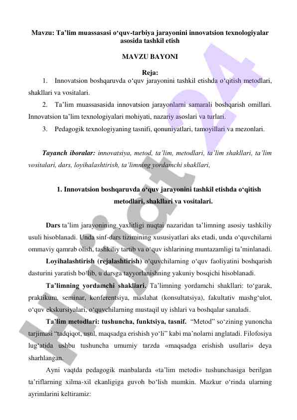 Innovatsion ta’lim texnologiyalari asoslari va metodlari