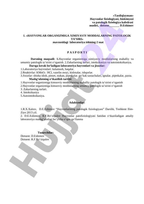 Hayvonlarga ximiyaviy moddalarning patologik ta'siri
