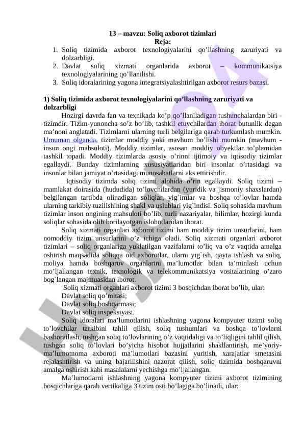 Soliq axborot tizimlari va ularning rolini o’rganish